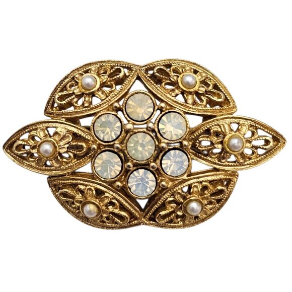 Brooch / Pin, Sarah Coventry, Maple Leaf with Faux Pearl  Sarah Coventry Gold Tone Filigree Round Floral Leaf Faux Pearl Rhinestone Brooch